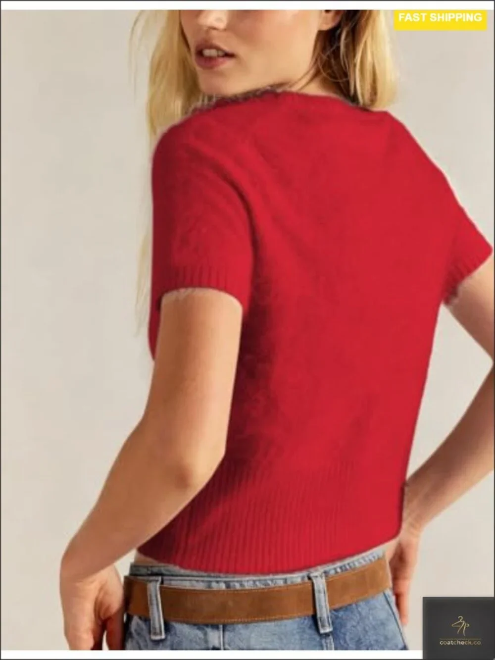Fuzzy Short Sleeve Sweater Furry Crew Neck Pullover Top